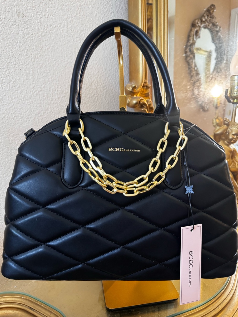 Bcbgeneration quilted faux leather bag with chunky gold chains satchel
